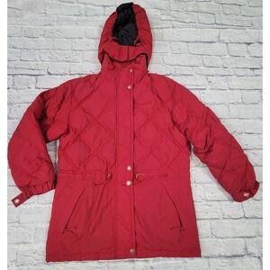 L.L. Bean Medium Red Burgundy Quilted Coat Puffer‎ Jacket Goose Down Hooded M